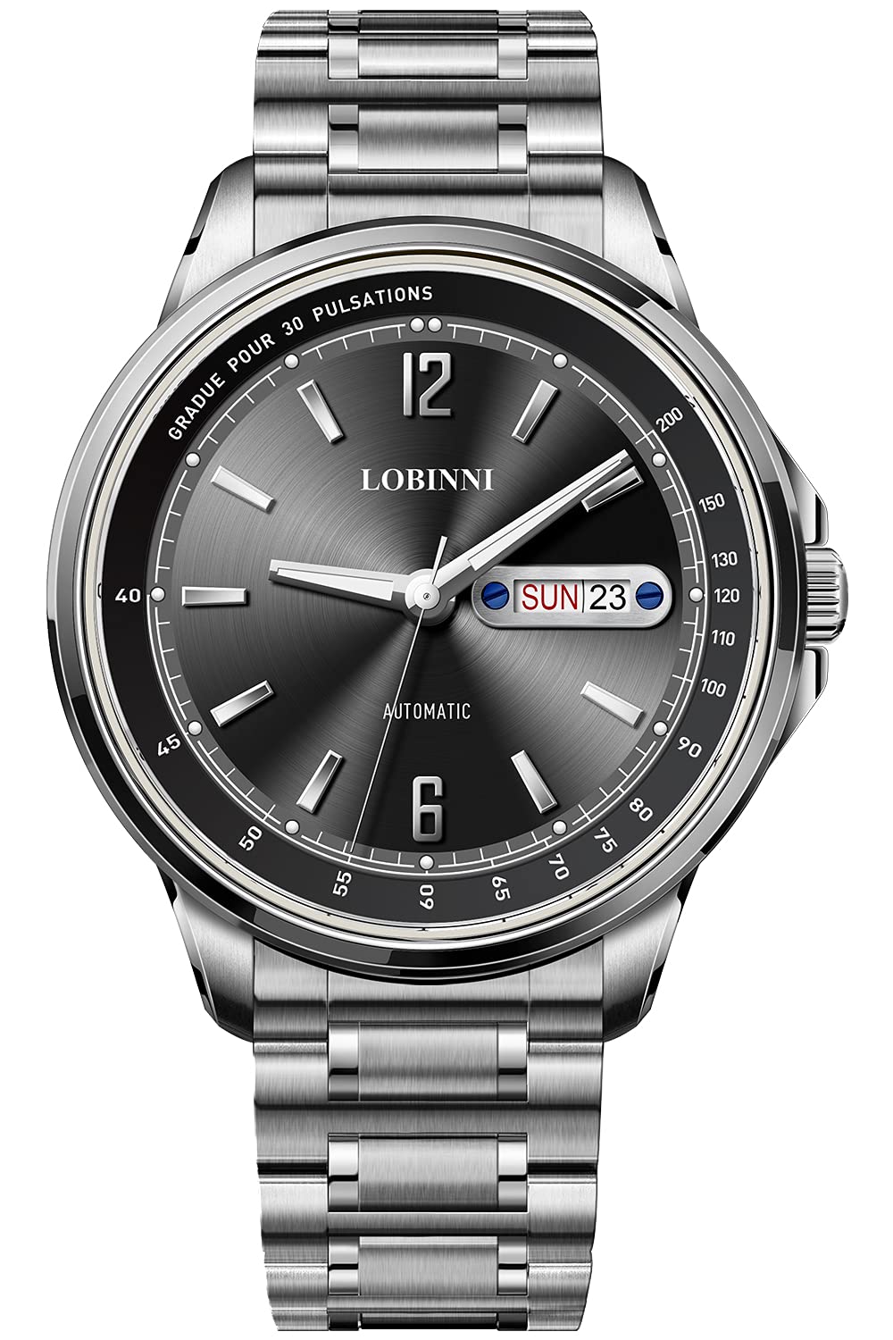 Lobinni Easy Reader DayDate Orologio da uomo con cinturino in acciaio inox