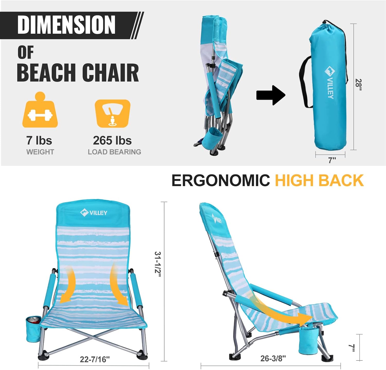 VILLEY Low Beach Chair, High Back Folding Chair for Adults, Lightweight and Portable for Outdoor, Camping, Lawn, Music Festival, with Cup Holder and Carry Bag - Blue Stripes - Image 3