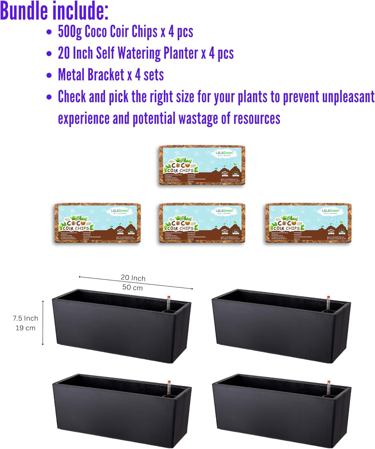 LaLaGreen Bundle- 4 Pack, 500g Coconut Coir Chips + 4 Pack,20 Inch Self Watering Plastic Planter with Bracket Hanging Window Box Flower Pot Outdoor Planting Soil Organic Compressed Seedling Fiber Husk
