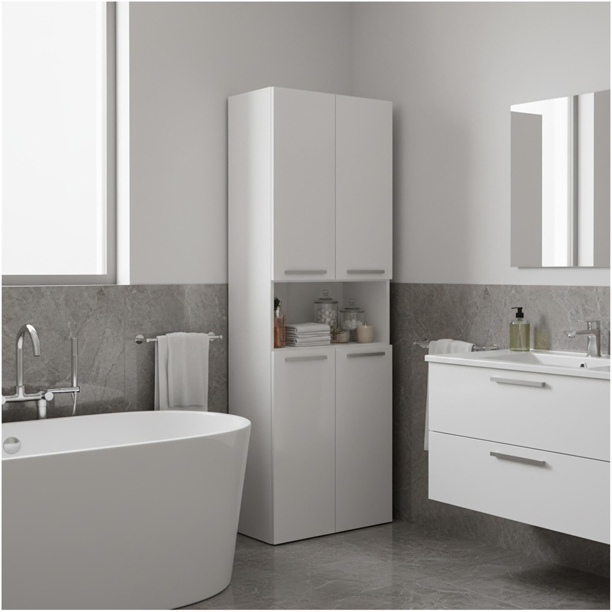 CDF Armoire Haute Salle de Bain Meuble Colonne de Salle de Bain Armoire de Rangement à 4 Portes avec Etagère Réglable pour Salon Cuisine - 60x30x174 cm Blanc - 1 Panier à Linge