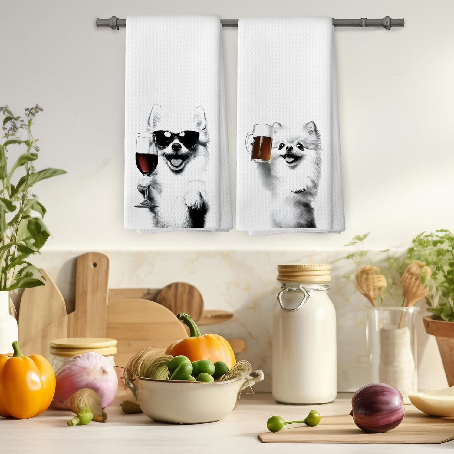 Pomeranian Kitchen Towels Set of 2, Bar Decor, Funny Kitchen Decor, Wine Lovers Hand Towel, Black and White Dog Owner Gifts Dining Room Kitchen Decorative Tea Towels 16x24 Inch