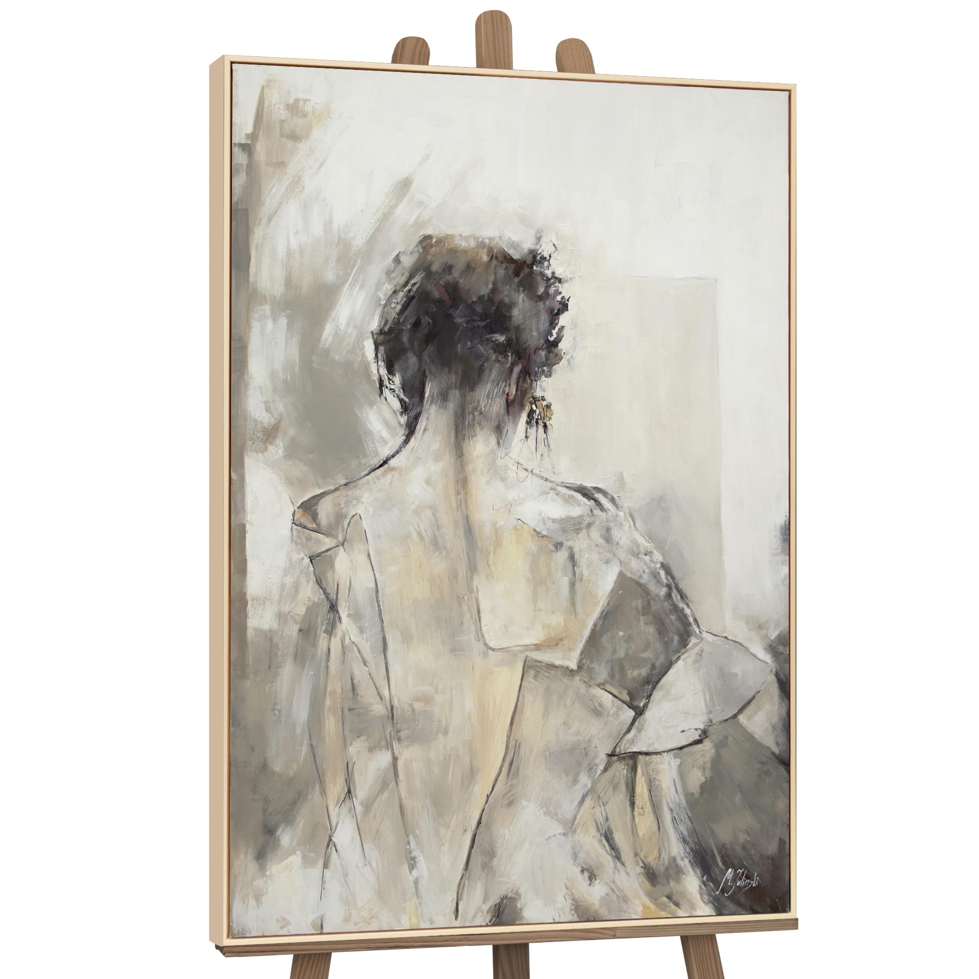 YS Enmarcado Pintura hecha a mano Namur Arte abstracto de la pared Silueta de una mujer en colores beige en estilo acuarela 120x80 cm