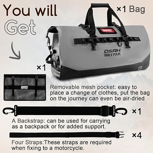 Miniatura 8 de Bolsa de lona impermeable 25L40L60L Bolsa trasera de motocicleta resistente, bolsa seca enrollable para viajes, camping, canotaje, kayak, aventura