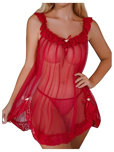 OYOANGLE Women's 2 Piece Mesh Sheer Floral Lace Babydoll Slip Dress Nightgowns and Thong Lingerie Set - Small - Burgundy