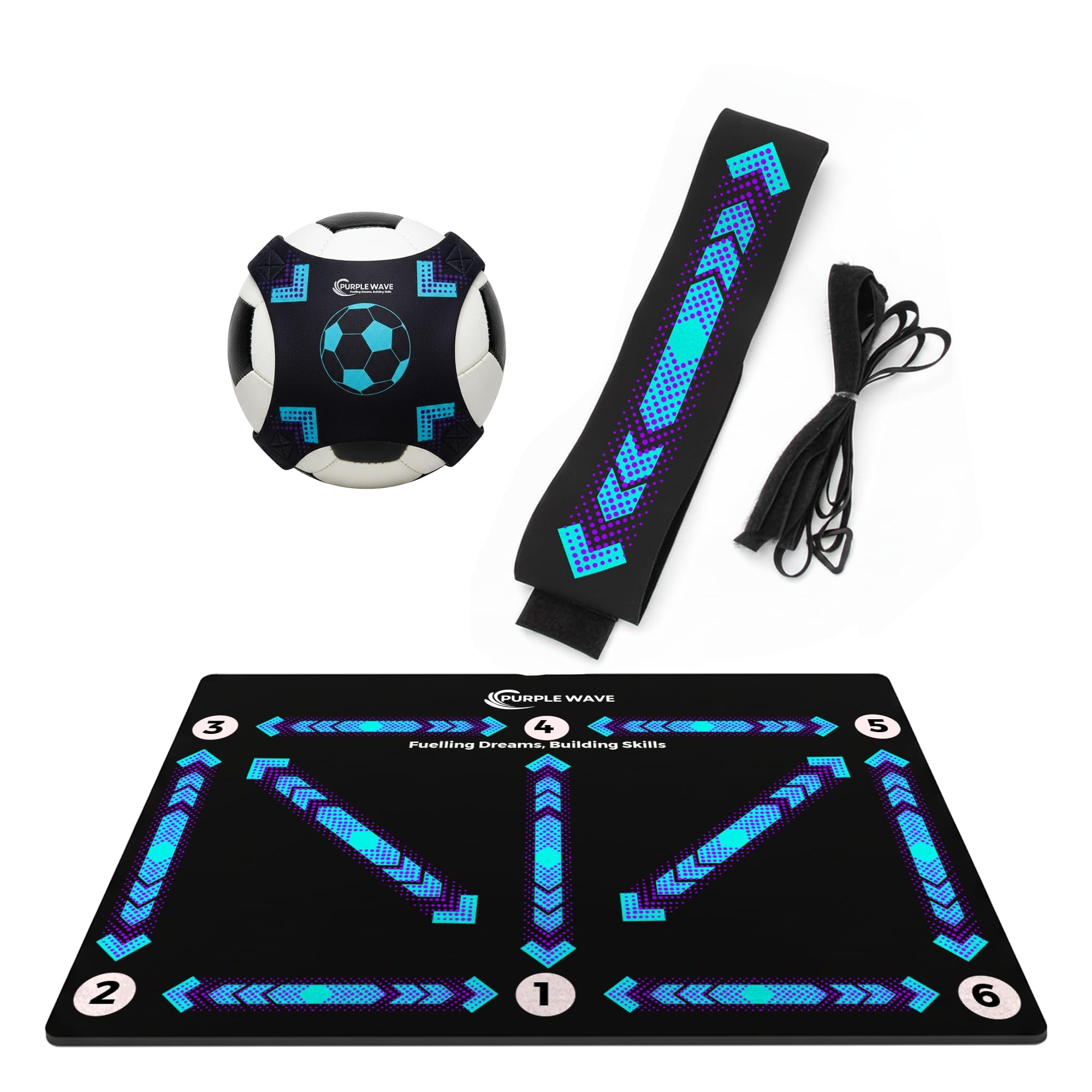 Football Training Mat and Kick Training Equipment with Adjustable Belt and Ball Holder, Non-Slip Mat for Indoor Outdoor Solo Football Practice for Kids and Adults by Purple Waves, Black (90 x 60)