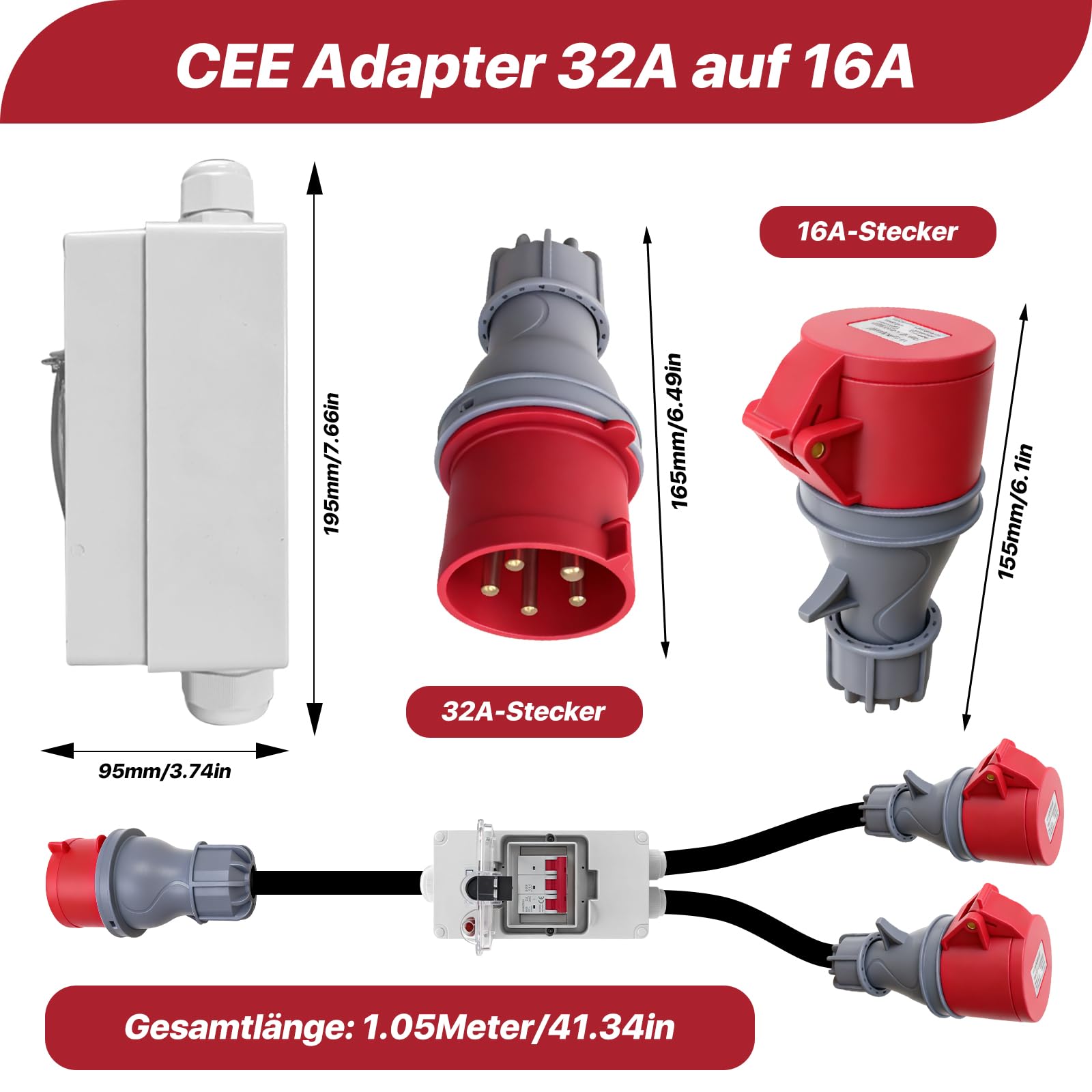 CEE Adapter 32A auf 16A, CEE Stecker Starkstromkabel Verlängerungskabel 220V-380V, IP44-66 Starkstrom Verteiler mit RCD Leitungsschutzschalter, 5 Pin Steckdose für Werkstatt, Baustelle