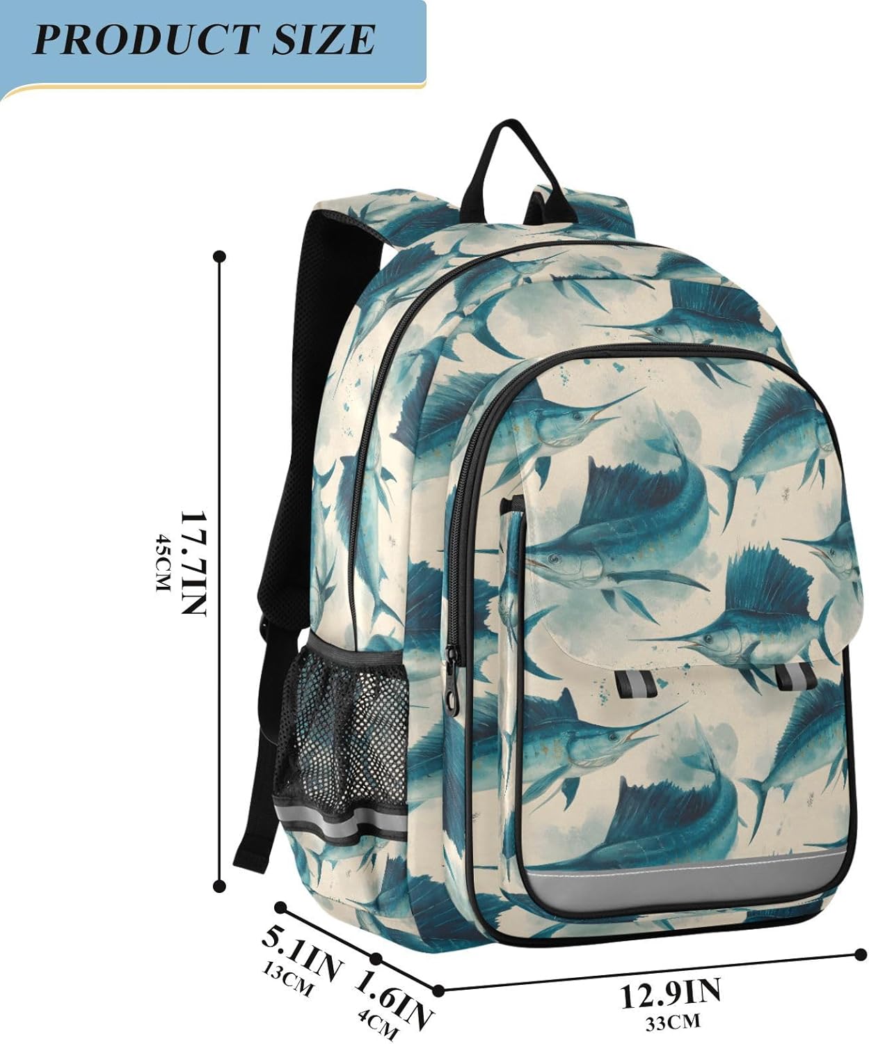 Sailfish Blue Kids Backpack for Travel School, Teens Bookbag with Reflective Strips Multiple Pockets for Girls Boys 17.7 inches