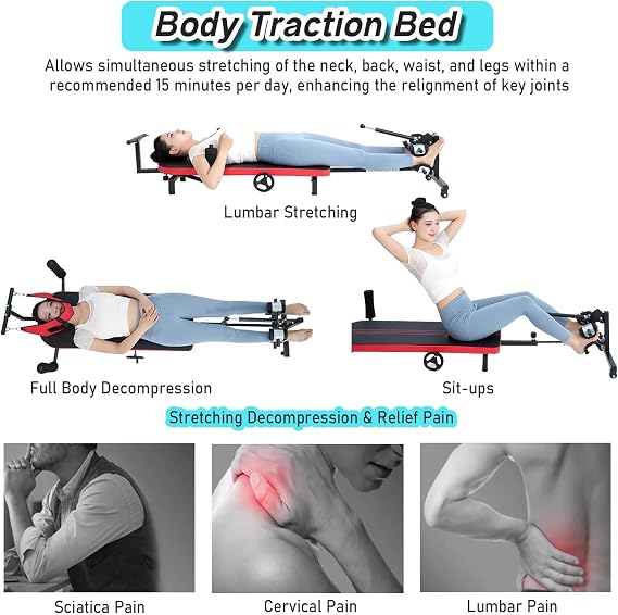 Traction Table for Spine Stretching, Back Stretch Bench with Inflatable Lumbar Cushion & Cervical Traction Belt, Home Stretchs Decompression Machine