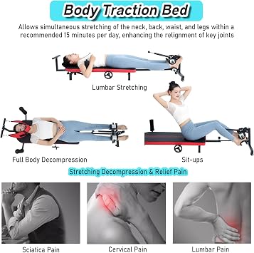 Traction Table for Spine Stretching, Back Stretch Bench with Inflatable Lumbar Cushion & Cervical Traction Belt, Home Stretchs Decompression Machine