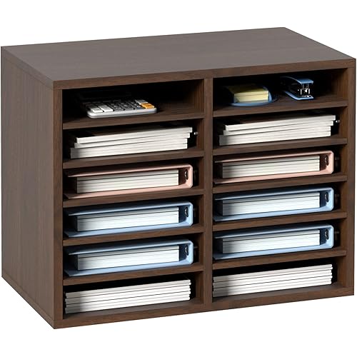 VEVOR Literature Organizers, 12 Compartments Office Mailbox with Adjustable Shelves, Wood Literature Sorter 20.4x12x16.1 inches for Office, Home, Classroom, Mailrooms Organization, EPA Certified Brown