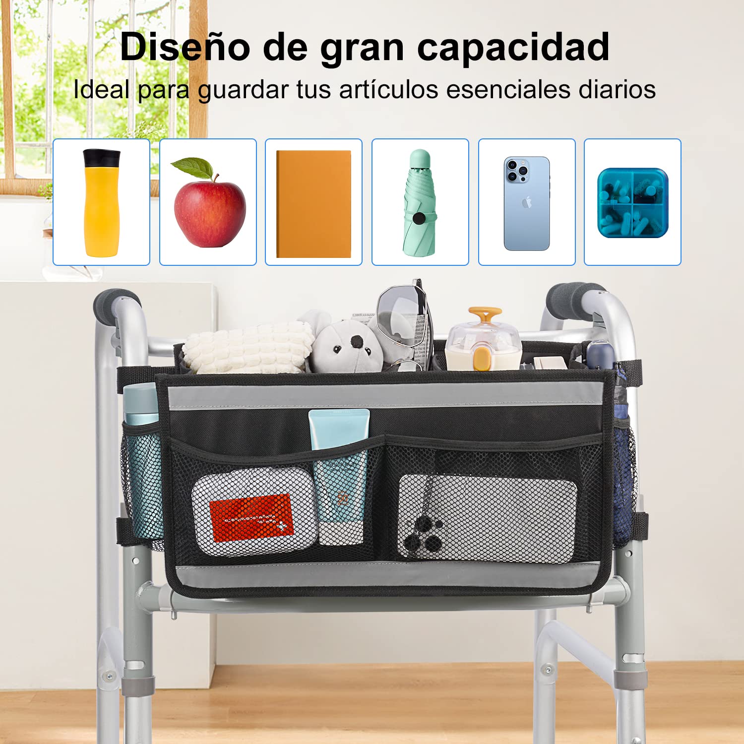 supregear Cesta de Andador, Bolsa Organizadora Walker de Gran Capacidad con 4 Malla Bolsillos y Bolsa de Almacenamiento de Diseño Gancho y Bucle de Raya Reflectante para Accesorios de Walker Carry