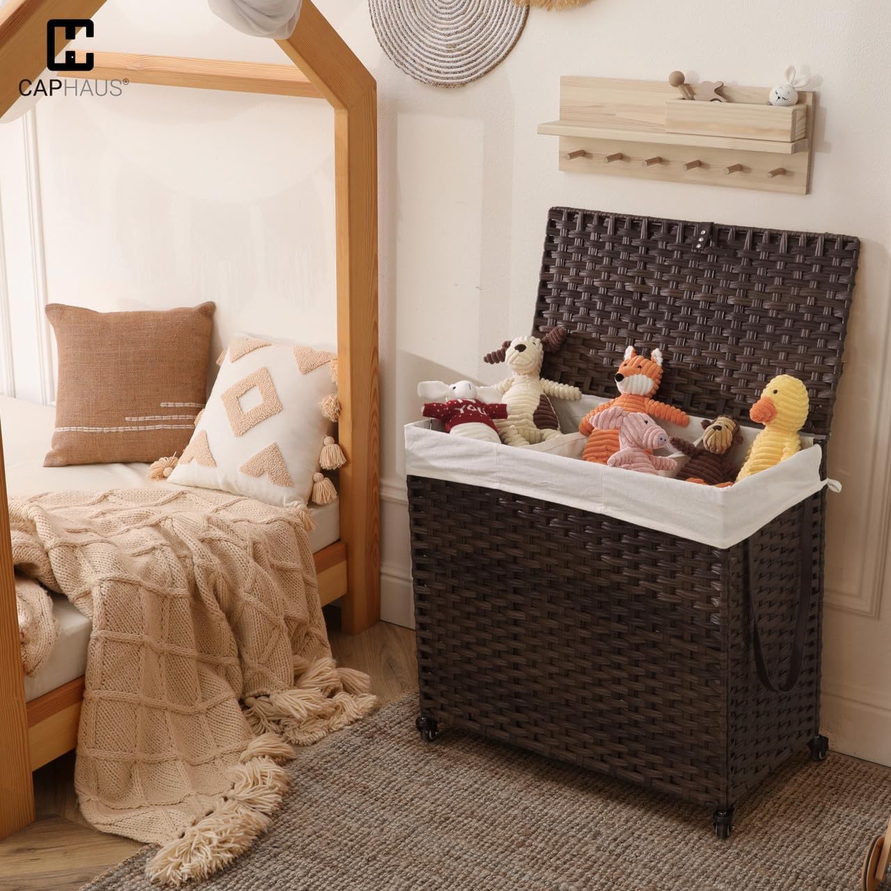 CAPHAUS Handwoven Basket w/Lid for Storage, Synthetic Rattan Laundry Hamper w/Wheels, Clothes Hamper for Laundry, Laundry Basket w/Lid, Removable Liner Bags, Mesh Bags, Pulling Strap, 140L, Grey