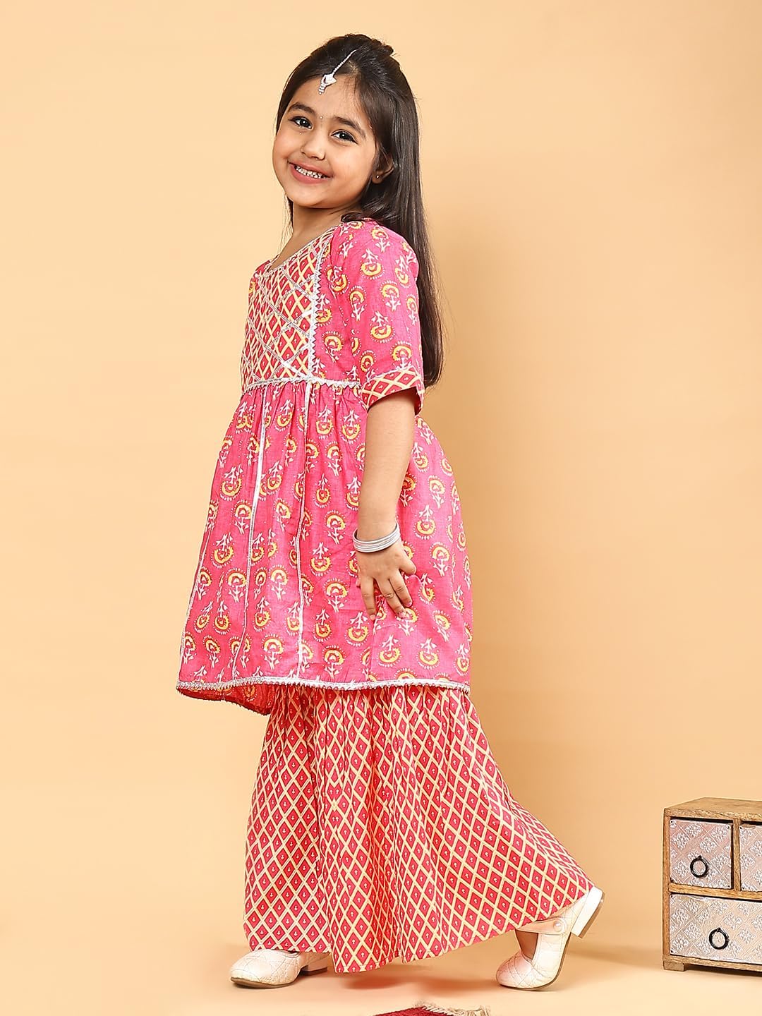Superminis Baby Girls Cotton Sanganeri Printed Frock Style Kurti with Printed Sharara Dress