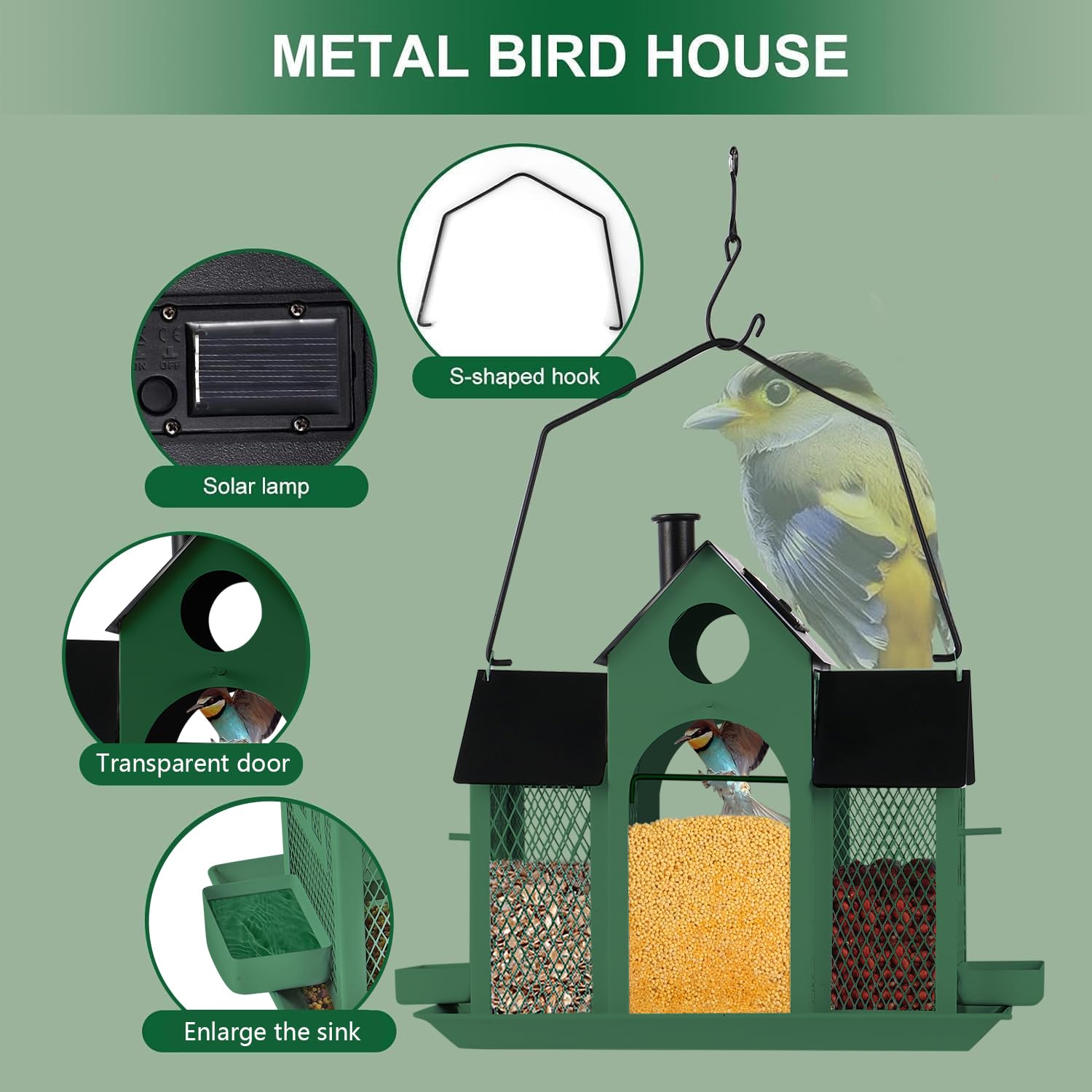 Comedero solar para pájaros para colgar en el exterior, comedero de pájaros de gran capacidad para colgar al aire libre, comedero de malla de metal para pinzón cardenal (verde y negro)
