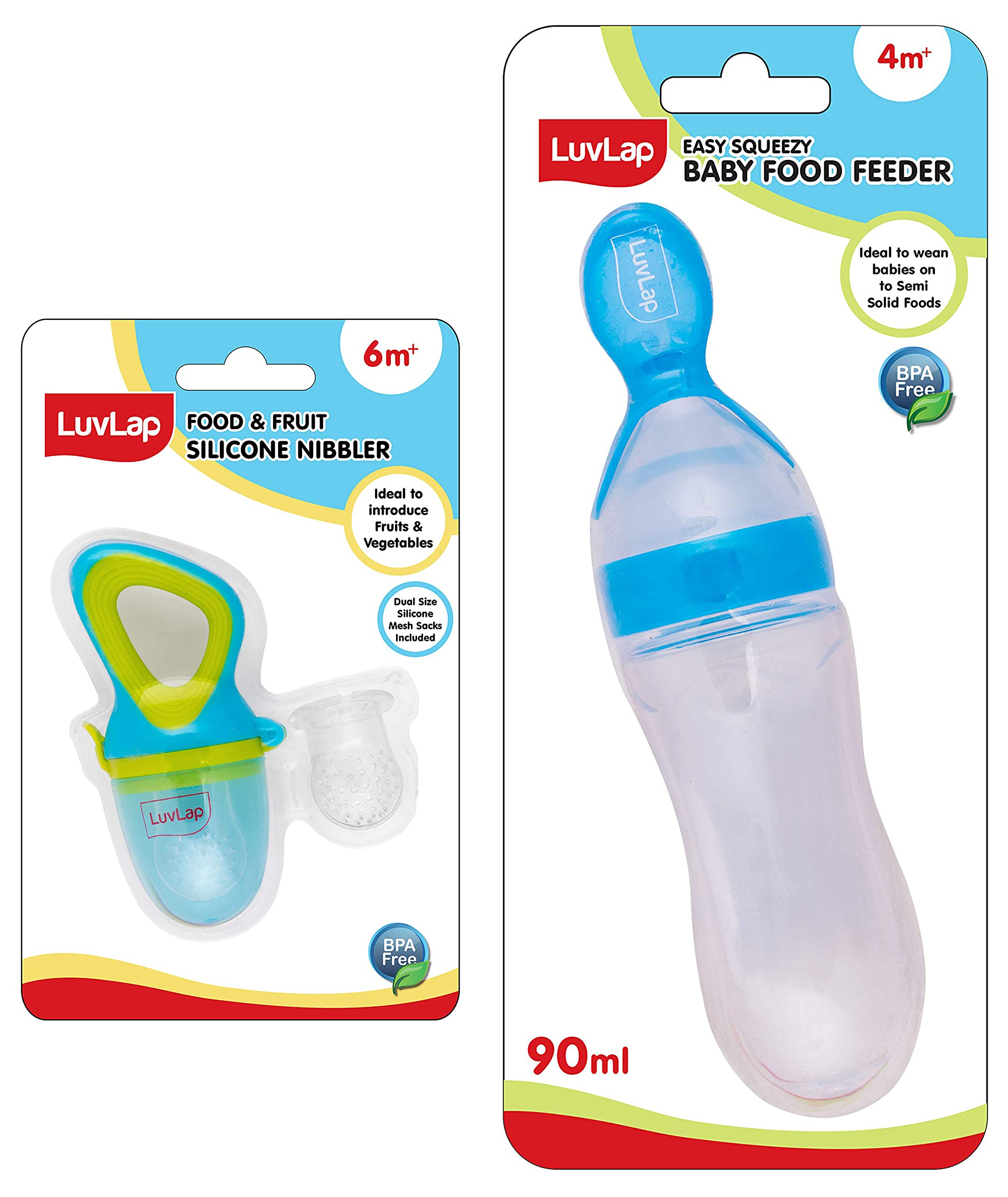 LuvLap Feeding Spoon with Squeezy Food Grade Silicone Feeder Bottle, for Infant Baby, 90Ml & Food/Fruit Nibbler with Extra Mesh, Soft Pacifier/Feeder, Infant, Elegant Blue