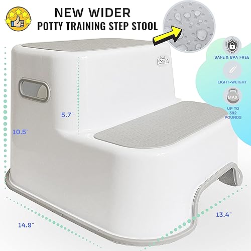 Miniatura 6 de Taburete más ancho de 2 escalones de doble altura para niños, taburete para entrenamiento de orinal y uso en el baño o la cocina, pasos fuertes de