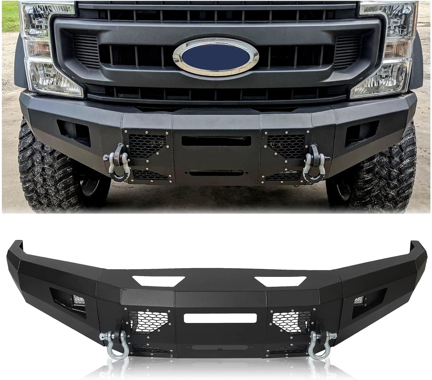 ECOTRIC Front Bumper Compatible with 2017-2022 Ford F250 F350 F450 Super Duty W/LED Light, Winch Plate and D-Rings 3 PCS Bumper Assembly Steel Powder Coated Black - 2 packages