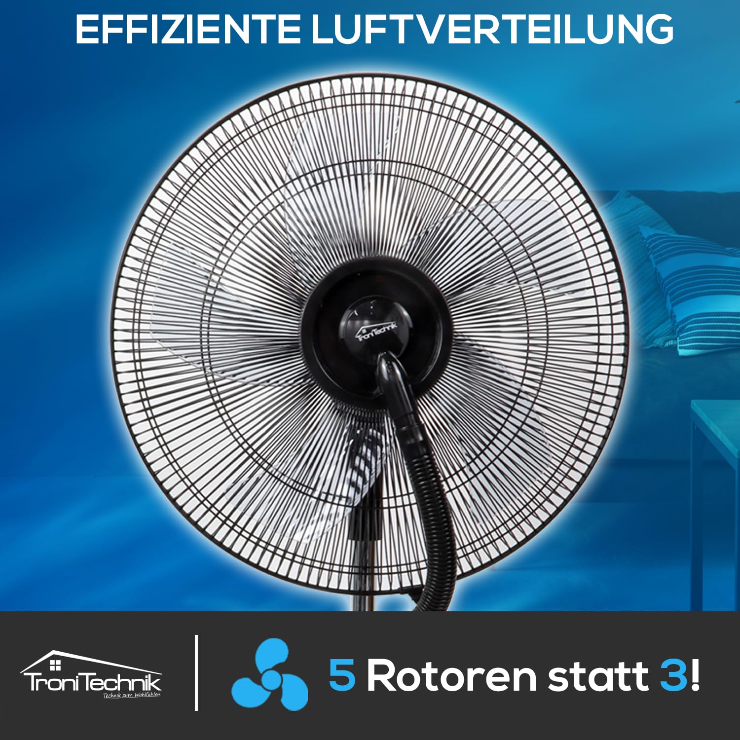 Tronitechnik® Standventilator mit Wasser, Ventilator mit Wasserkühlung Sprühnebel Raumbefeuchter, Fernbedienung, 90 Watt, Oszillierend, 3 Stufen, Timer, 3 Luftmodi, sehr leise, Schlafzimmer & Büro
