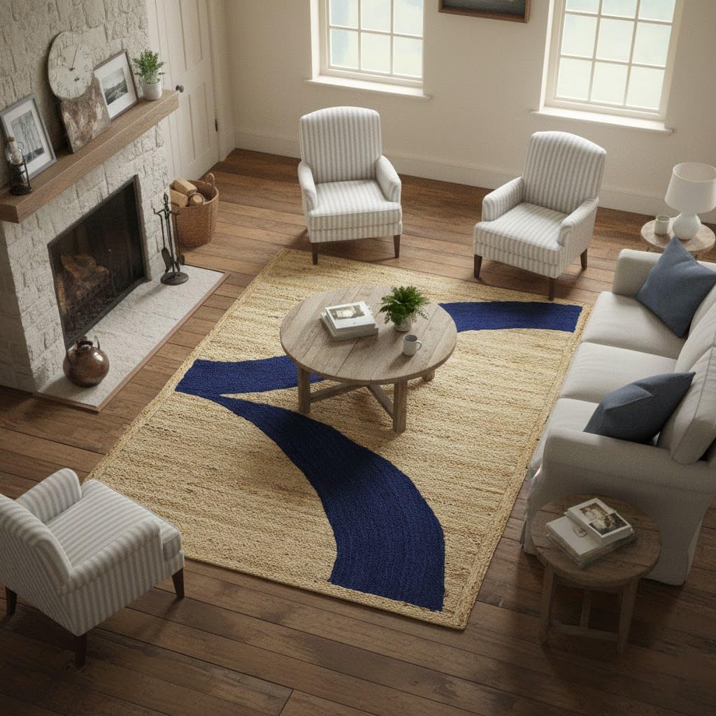 Hand Braided Jute 12x15 Kilim Flatweave Rug Thick 0.27" Navy-Blue Abstract Pattern Rugs for Living Room, Dining Table Area, Home Decor, Rustic Vintage Bohemian Décor Carpet