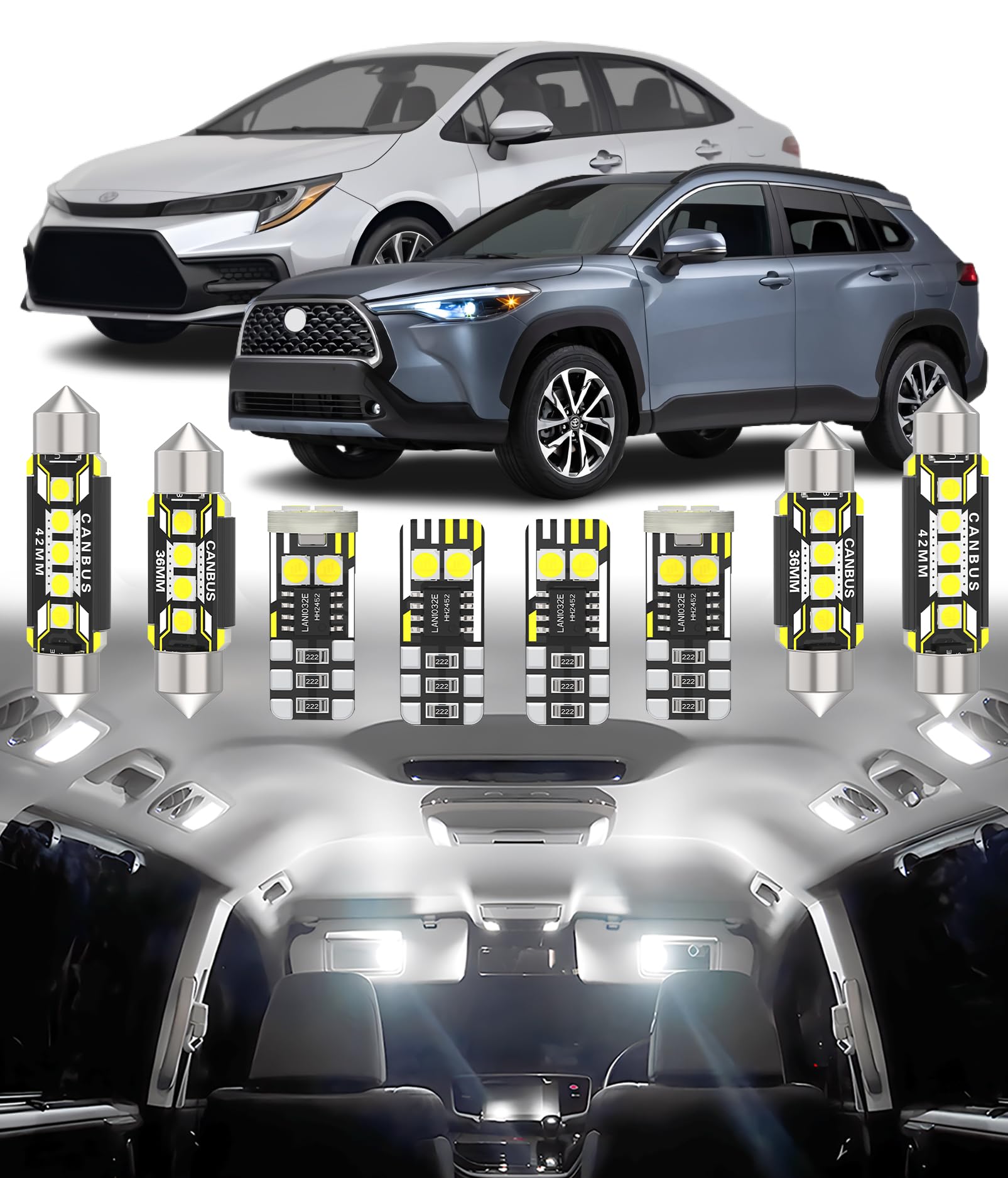 BMT xms 8pz Kit di Luci LED per Interni per Toyota Corolla E210 Hatchback Estate Sports Saloon 2019+ / Corolla Cross 2022+, Lampadine LED per Interni Auto e Camion 6000K Bianco Luminoso