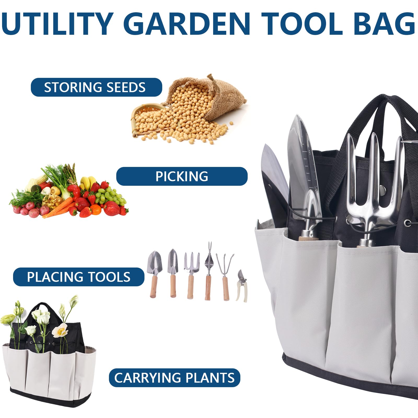 Juego de herramientas de jardín, kit de jardinería resistente de acero inoxidable, con bolsa de herramientas de jardín de gran capacidad, herramientas de mano para exteriores, kit de herramientas de