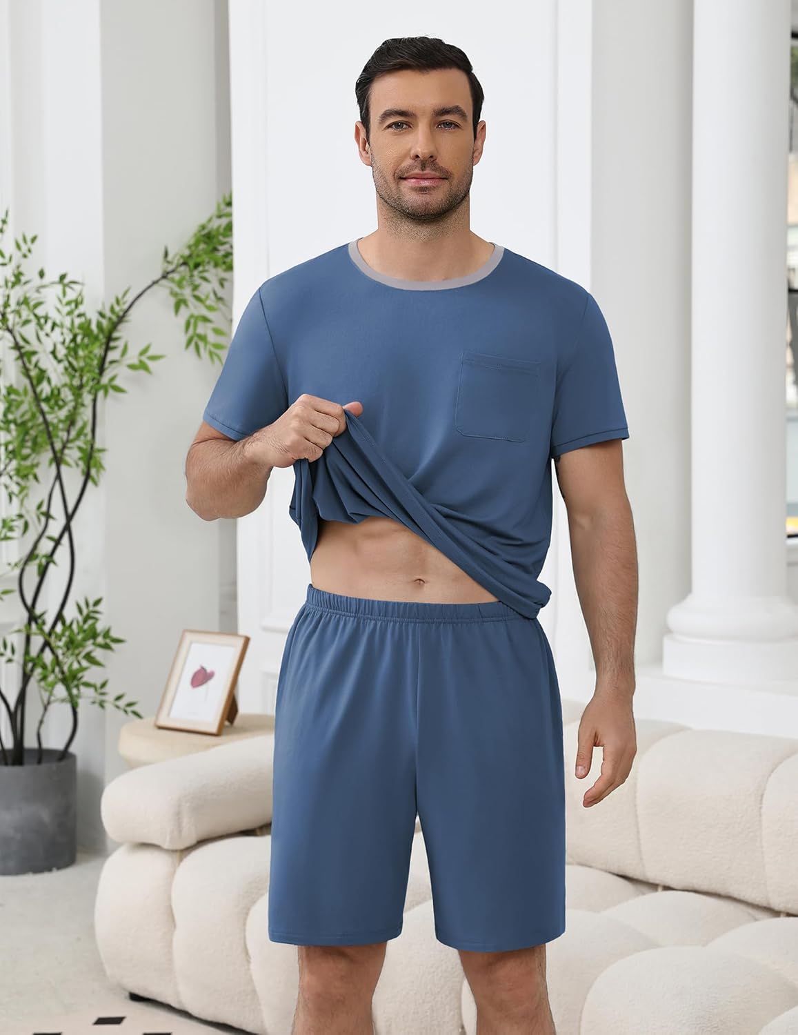 Ekouaer Mens Pajamas Sets Shorts Soft Short Sleeve Pjs Moisture Wicking Summer Sleepwear Casual Lounge Sets with Pockets - Image 2