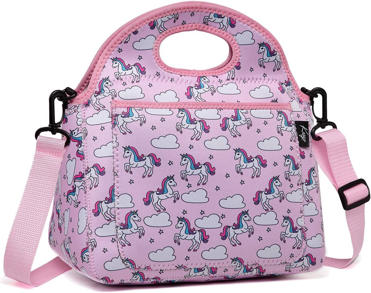 Kasqo Lunch Bag for Kids, Neoprene Lunch Box for Girls Kids Lunch Tote with Front Pocket and Detachable Adjustable Shoulder Strap, Pink Unicorn