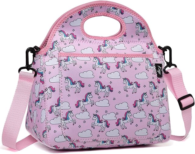 Kasgo Lunch Bag for Girls, Neoprene Unicorn Insulated Kids Lunch Tote Childrens Lunch Box with Front Pocket and Detachable Adjustable Shoulder Strap (Unicorn)