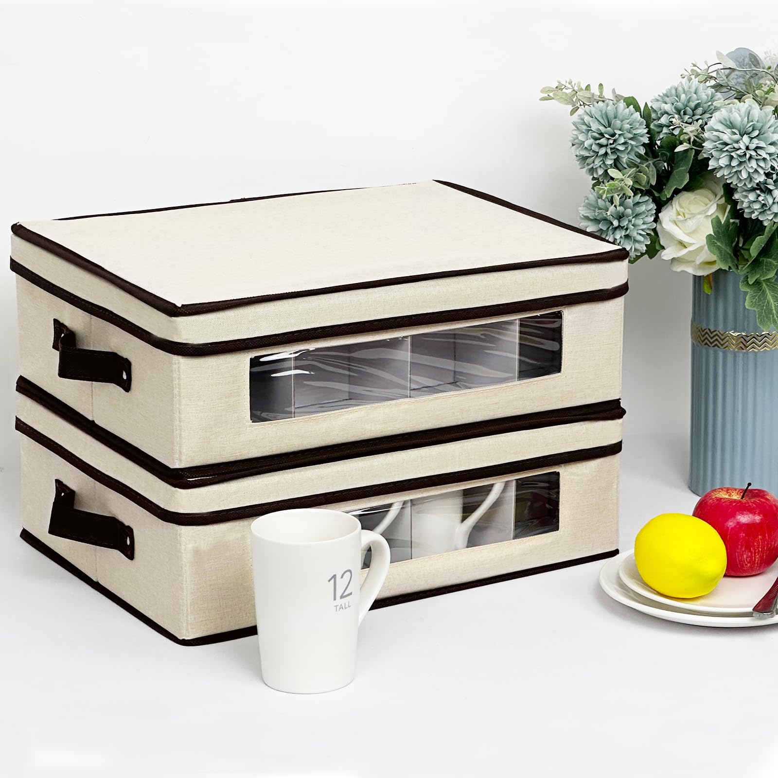homyfort Lot de 2 boîtes de rangement pour tasses avec séparateurs, boîtes de rangement pour tasses en porcelaine à coque rigide avec compartiments pour 24 tasses à thé et tasses à café (beige)