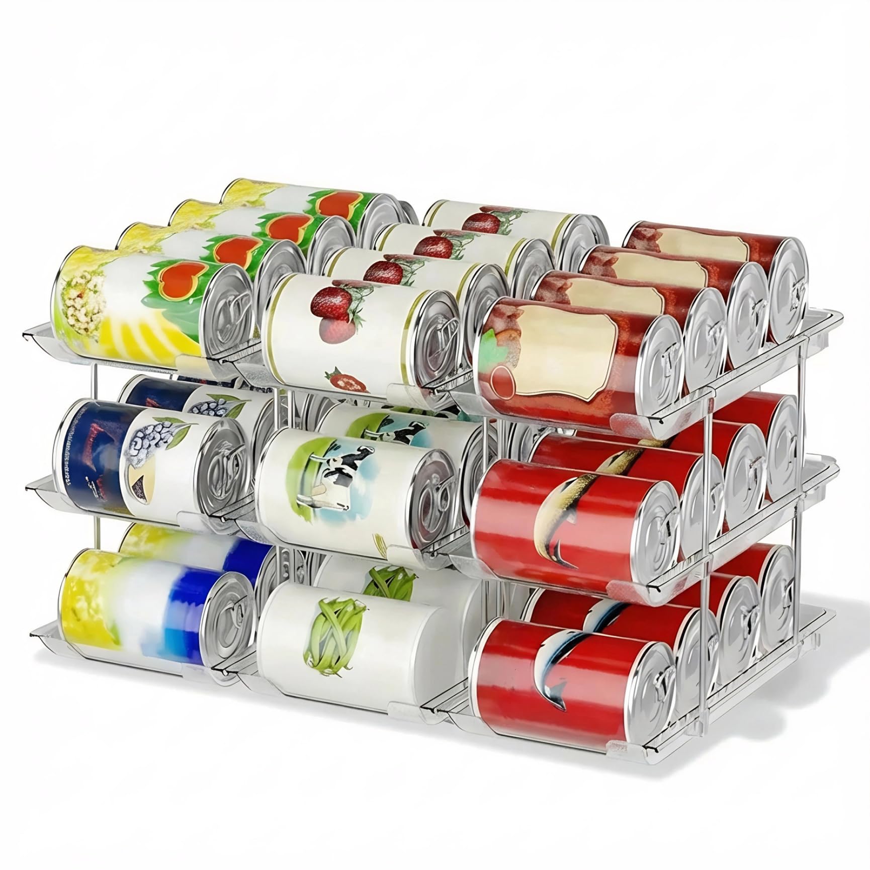 Soportes para latas para despensa Organizador de latas de plástico transparente de 3 niveles para gabinete de cocina, refrigerador, mostrador, almacenamiento, dispensador de alimentos enlatados