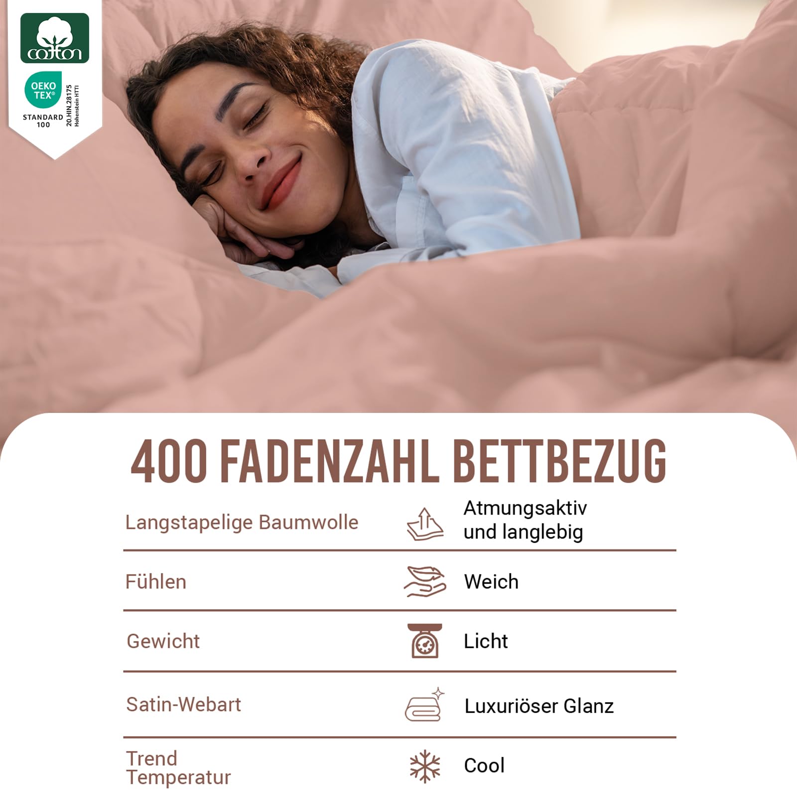 Pizuna 400 Fadenzahl aus Baumwolle Bettwäsche Misty Rose,100% Langstaple Baumwolle Bettbezug und Kissenbezug, 100% Baumwolle Mako Satin 2-Teilig Bettwäscheset 135x200 + 80x80 Misty Rose Mako Satin