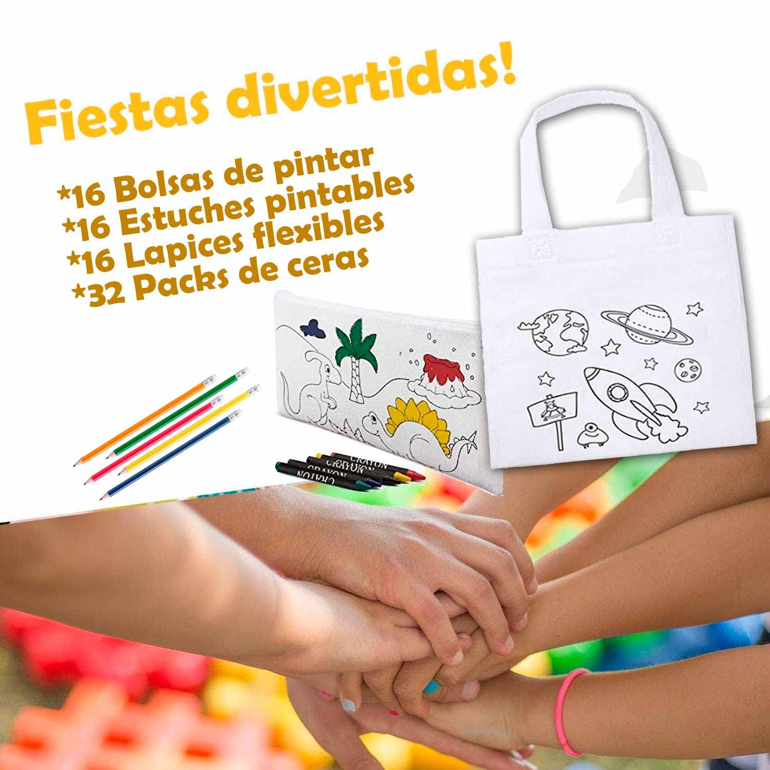 Regalo para Niños en cumpleaños 16 Bolsas de Animales + 16 estuches + 16 lápices con goma+ 32 Pack de Ceras de colores. Detalles infantiles para regalar en el colegio o guarderia.
