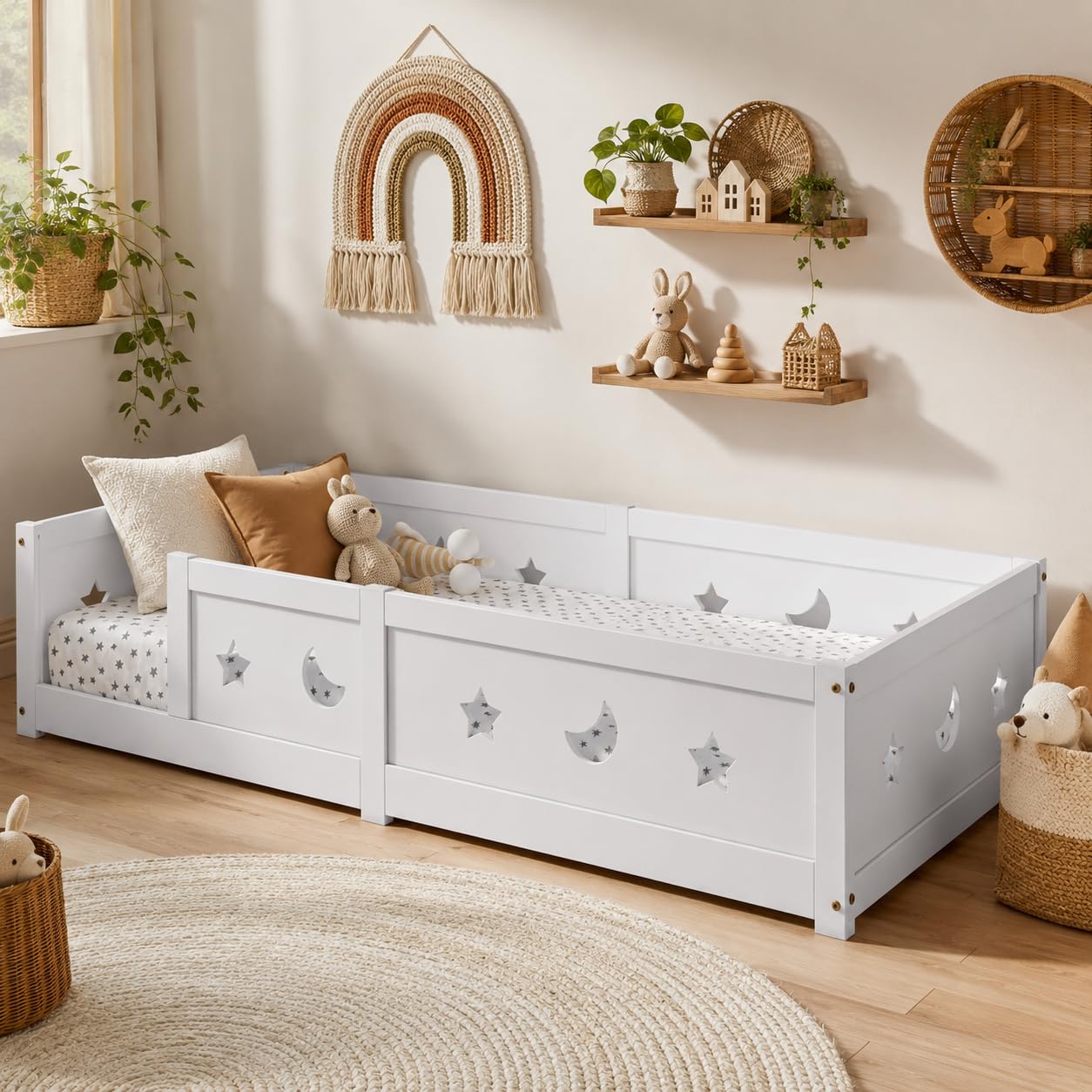 Montessori Letto a Pavimento 90 x 200 cm, Letto a Terra 90x200, Bianco, Letto a barriere per bambini con protezione contro le cadute e rete a doghe in legno per bambini