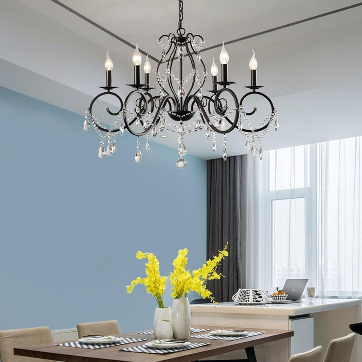 Country Candle Iron Pendant Light Retro Pastoral Crystal Chandelier European Style Hanging Lamp Fixture for Apartment Living Room Bedroom Restaurant Dining Room ( Size : 6 heads-diameter:69*height55cm