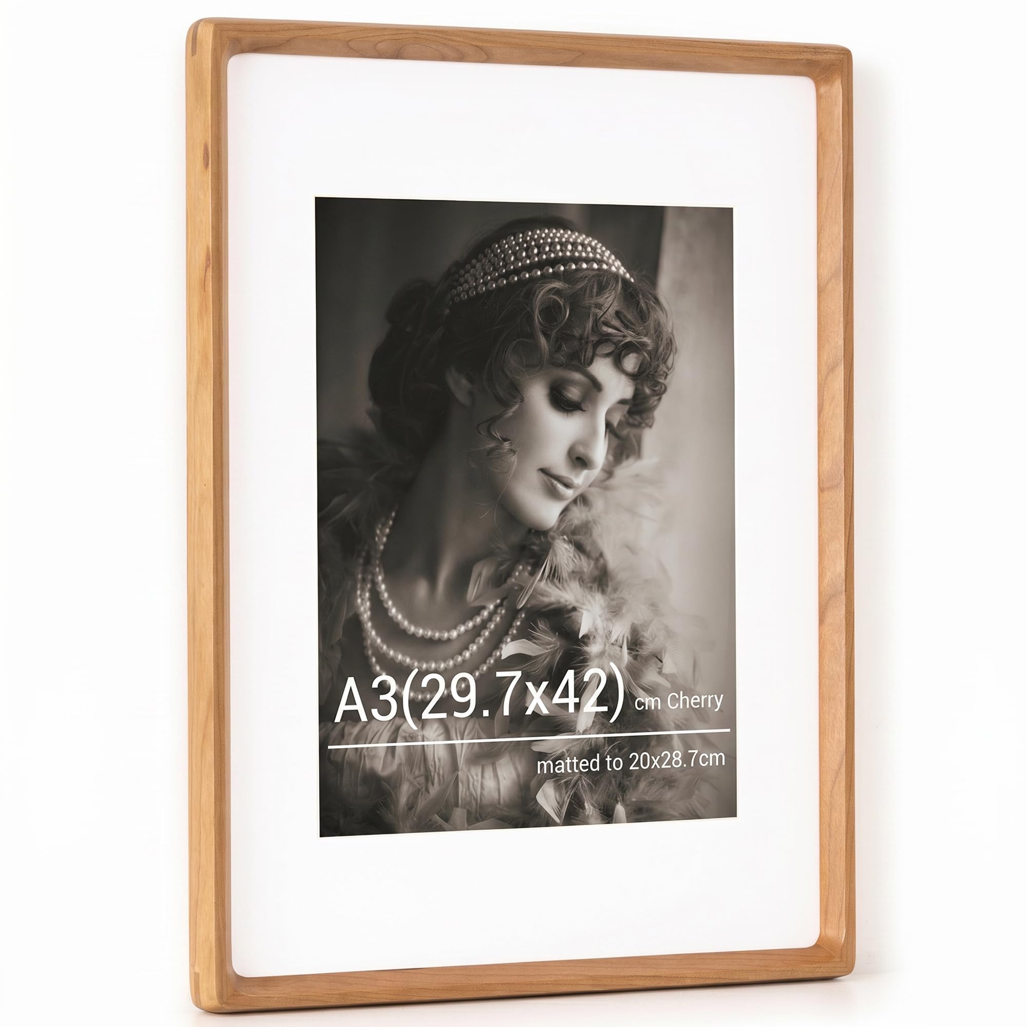 A3 Picture Frame, Natural Cherry Wood Photo Frames with HD Tempered Glass, Handcrafted Rounded Corner A3 Wooden Frame Matted to A4 Photos, Tabletop or Wall Display — image 1