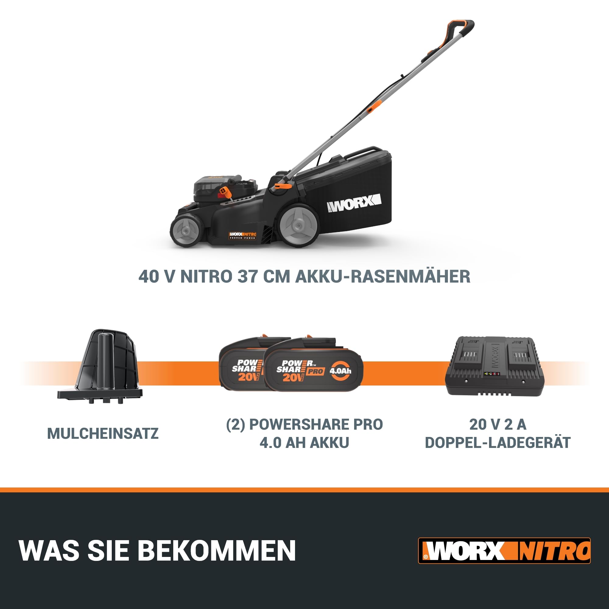 WORX WG737E Nitro Akku-Rasenmäher 40V(2x20V) - leistungsstarke bürstenloser Motor - 37cm Schnittbreite - 6 Schnitthöhenstufe (20-70mm) - 40L Grasfangsack - inkl. 2x4Ah Akkus & Dual-Ladengerät