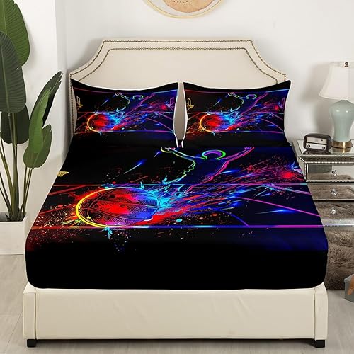 Miniatura 4 de Erosebridal Juego de sábanas de baloncesto tamaño individual 3D para niños, adolescentes, niños, hombres, teñido anudado, fuego y hielo, juego