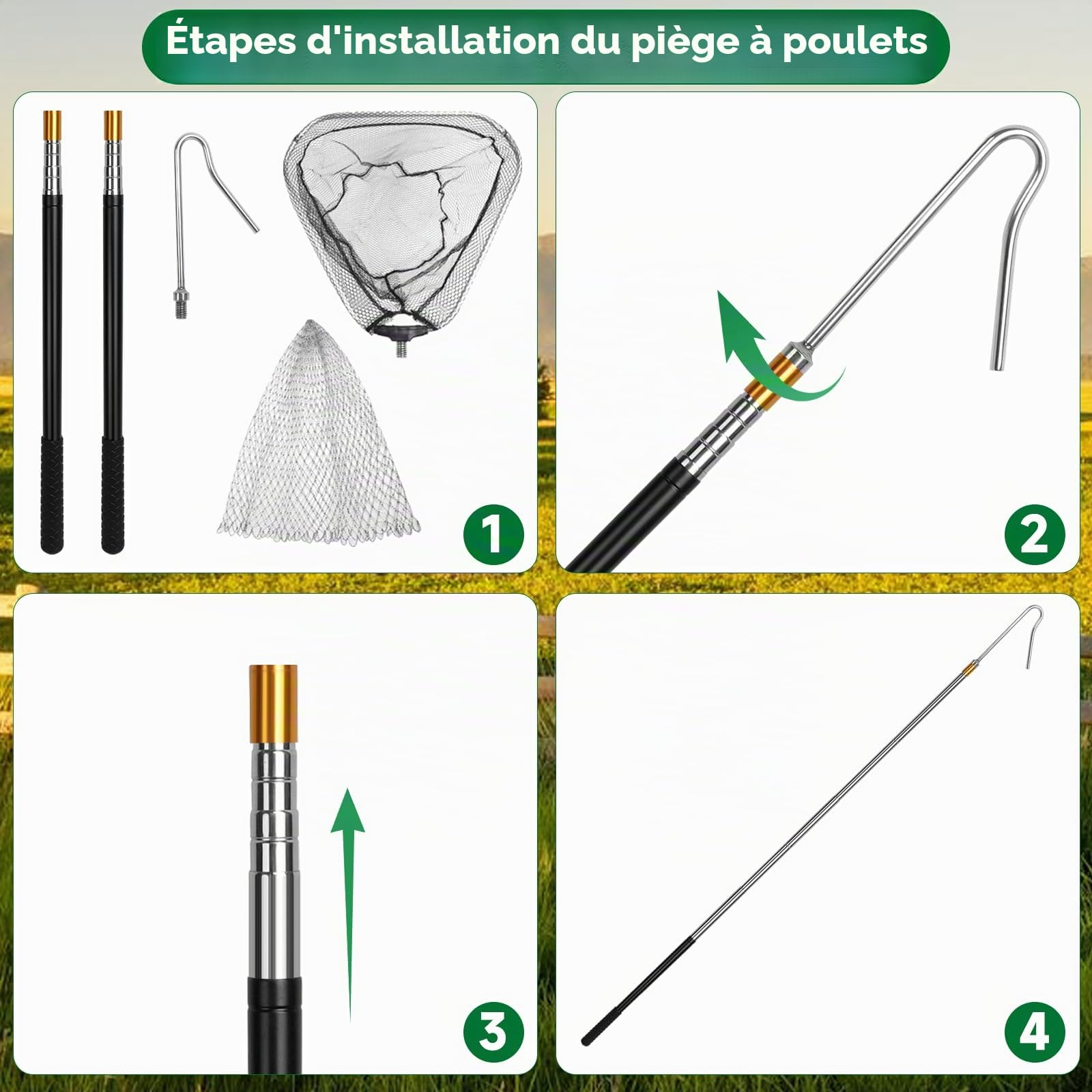 Kit de filet de pêche évolutif pour volaille, crochets et filet de pêche rétractables pour volailles(145cm de longueur extensible), pour Dinde, Oie, Canard, Oiseaux, Petits Animaux et Poissons