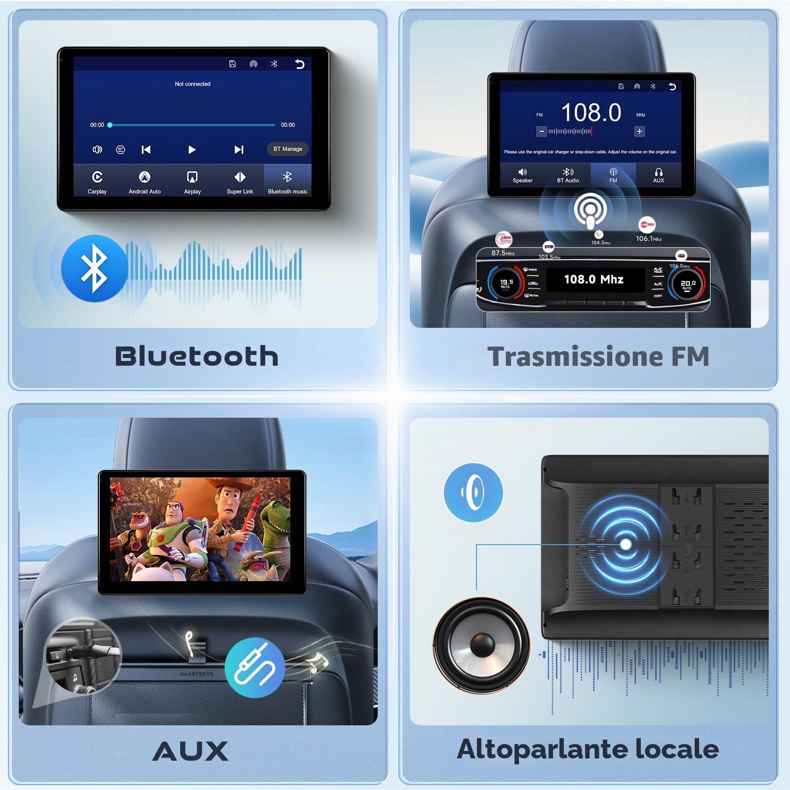 Lettore video da 10,1 pollici per poggiatesta auto, TV portatile da poggiatesta per sedile posteriore con Mirror Link wireless, Bluetooth, CarPlay e Android Auto wireless, con scheda TF da 64GB