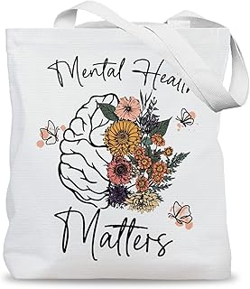 Mental Health Matters Tote Bag, Wildflower Brain Inspirational Canvas Tote Bags for Women, Psychology Gifts, Mental Health Gifts Reusable Grocery Shopping Bags