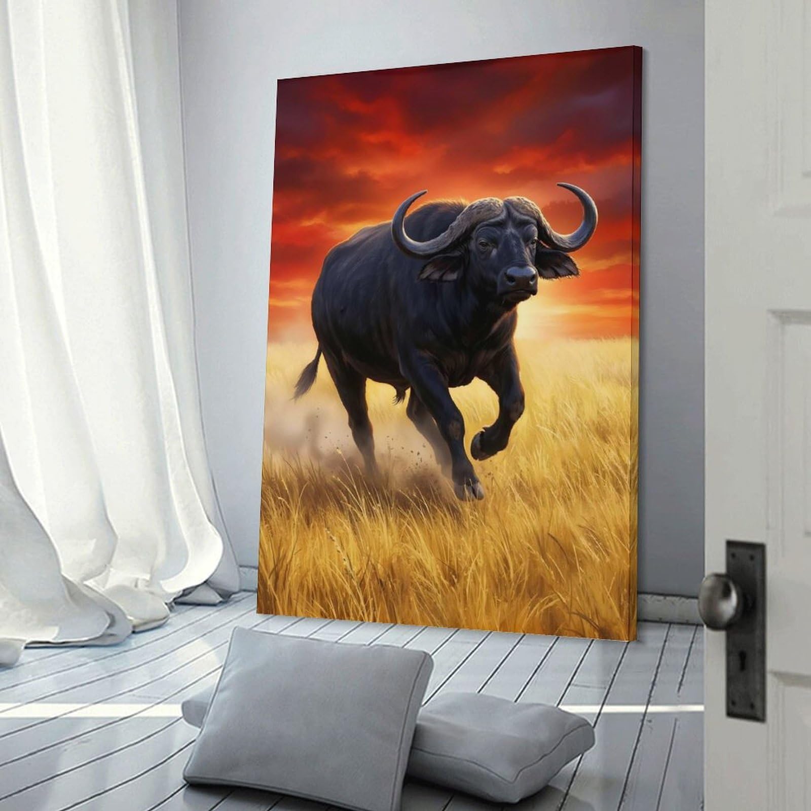 Junmoney Charging Buffalo in Golden Field Room Decor Wall Art, 16x24inch(40x60cm), for Living Room, Lounge Or Sitting Room, A Home Accent with Warm Character