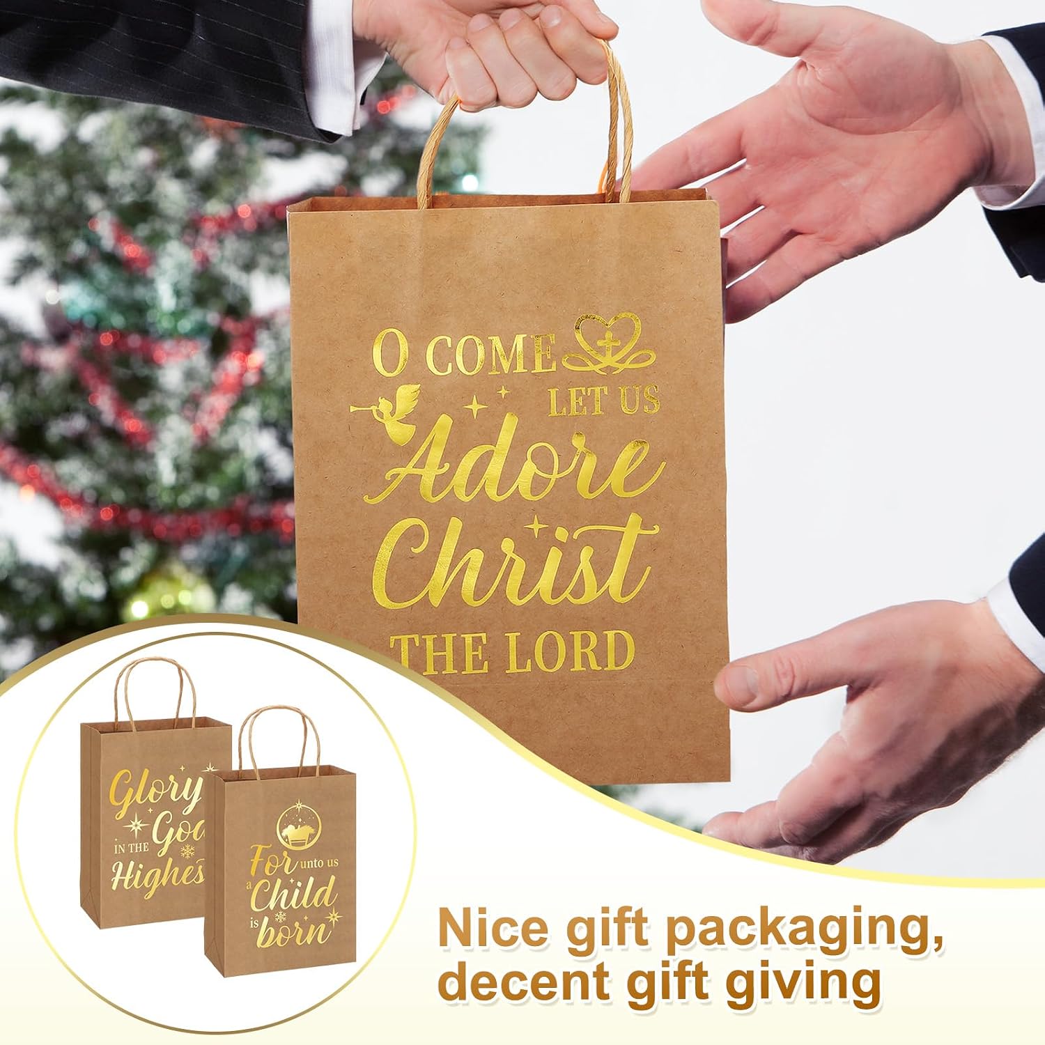 Yeaqee 36 Pcs Christmas Kraft Paper Bags - Religious Gold Metallic Gift Bags with Handles for Wrapping - 6 1/2" x 3 1/4" x 9"