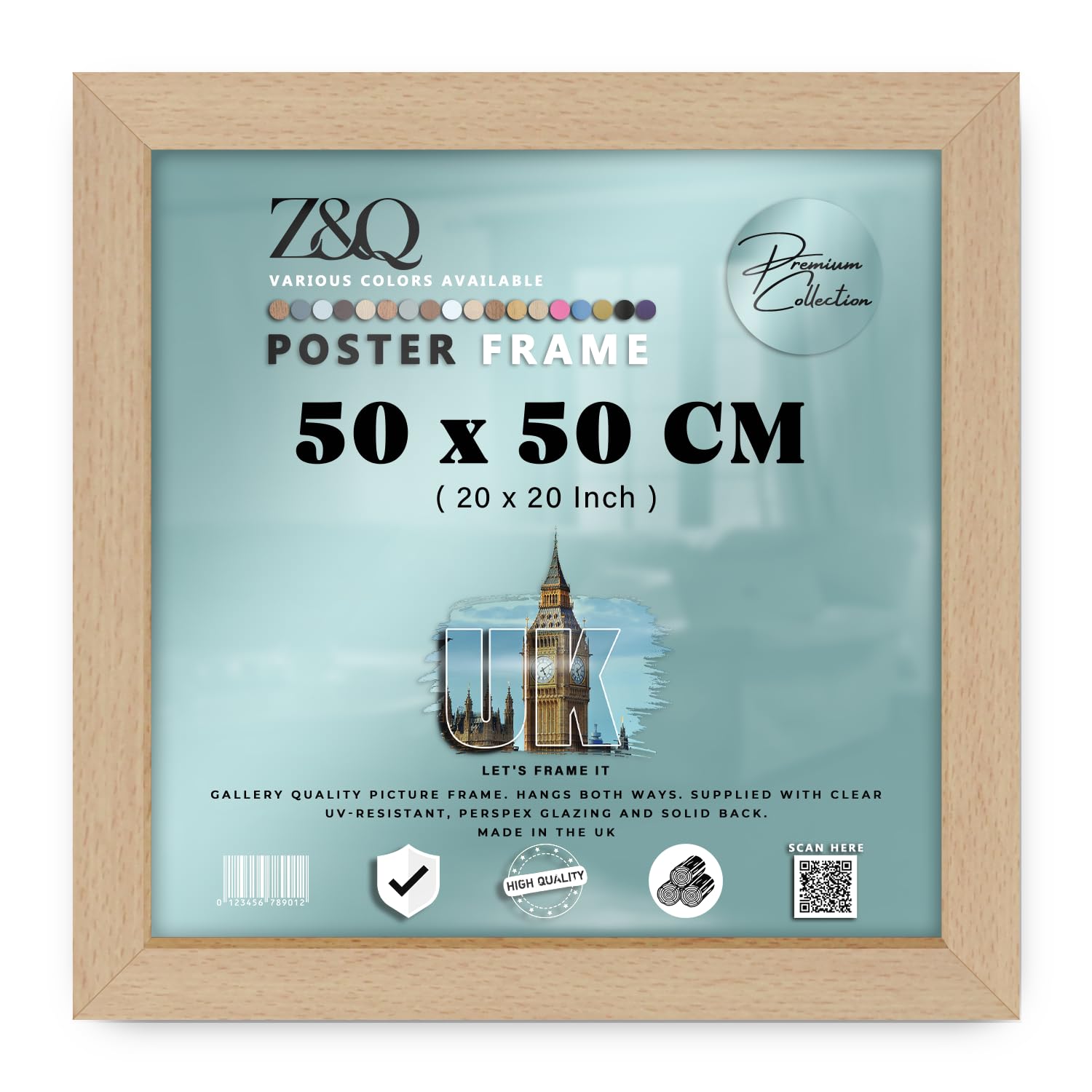 Z&Q Premium 50 X 50 CM Picture Poster Frame Beech Finish Polished Perspex Panel Stable Sturdy Construction For Horizontal And Vertical Wall Display Home Decoration And Interior Styling