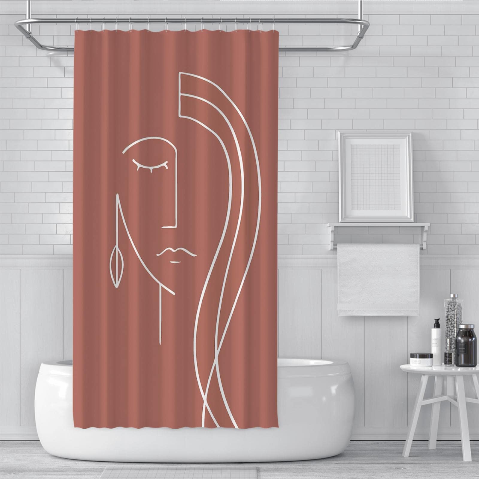 Tenda Da Doccia Geometrica Astratta Marrone Beige - Tessuto Impermeabile 183x198 Cm, Con Ganci, Stile Minimalista Moderno