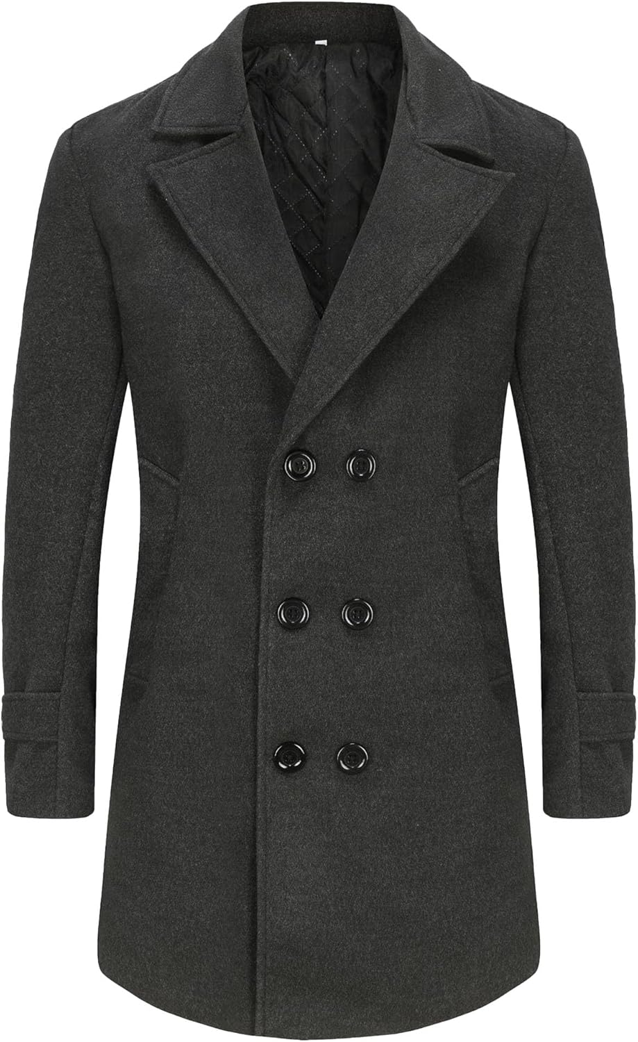 Mens Double Breasted Trench Coats Wool Blend Notched Collar Overcoat Solid Color Classic Windbreaker with Pockets