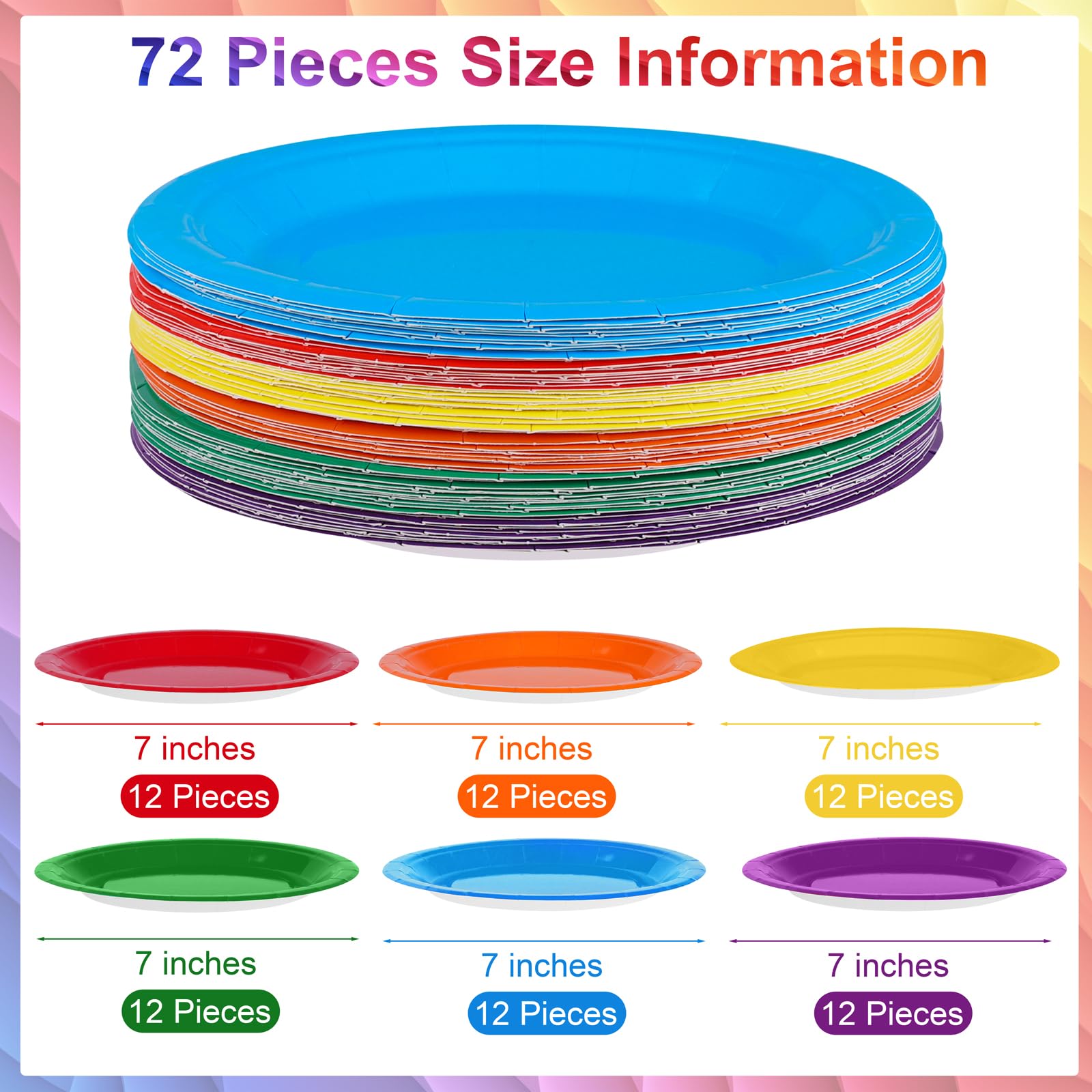 Breroa 72 Pieces Rainbow Paper Plates 7 Inch Bulk Paper Plates Disposable Round Dessert Plates Heavy Duty Solid Color Paper Plates Table Decors Party Supply for Birthday, Dinner, Wedding