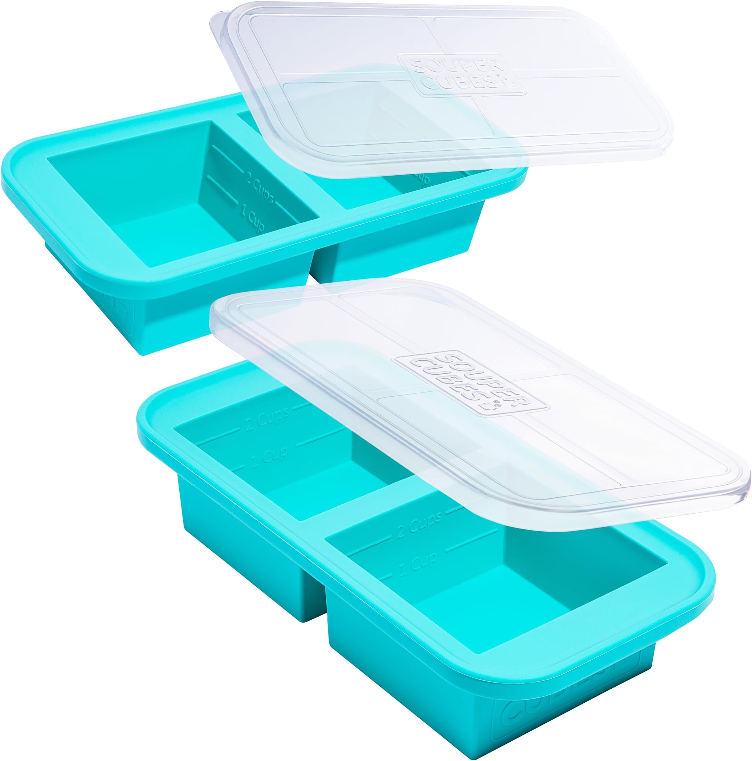 – Souper Cubes Large 2 Cup (500 mL) Silicone Freezer Tray with Lids, Perfect for Soup, Stews, Sauces, Batch Cooking and More, Oven-Safe Silicone Freezer Moulds - Aqua - 2-Pack
