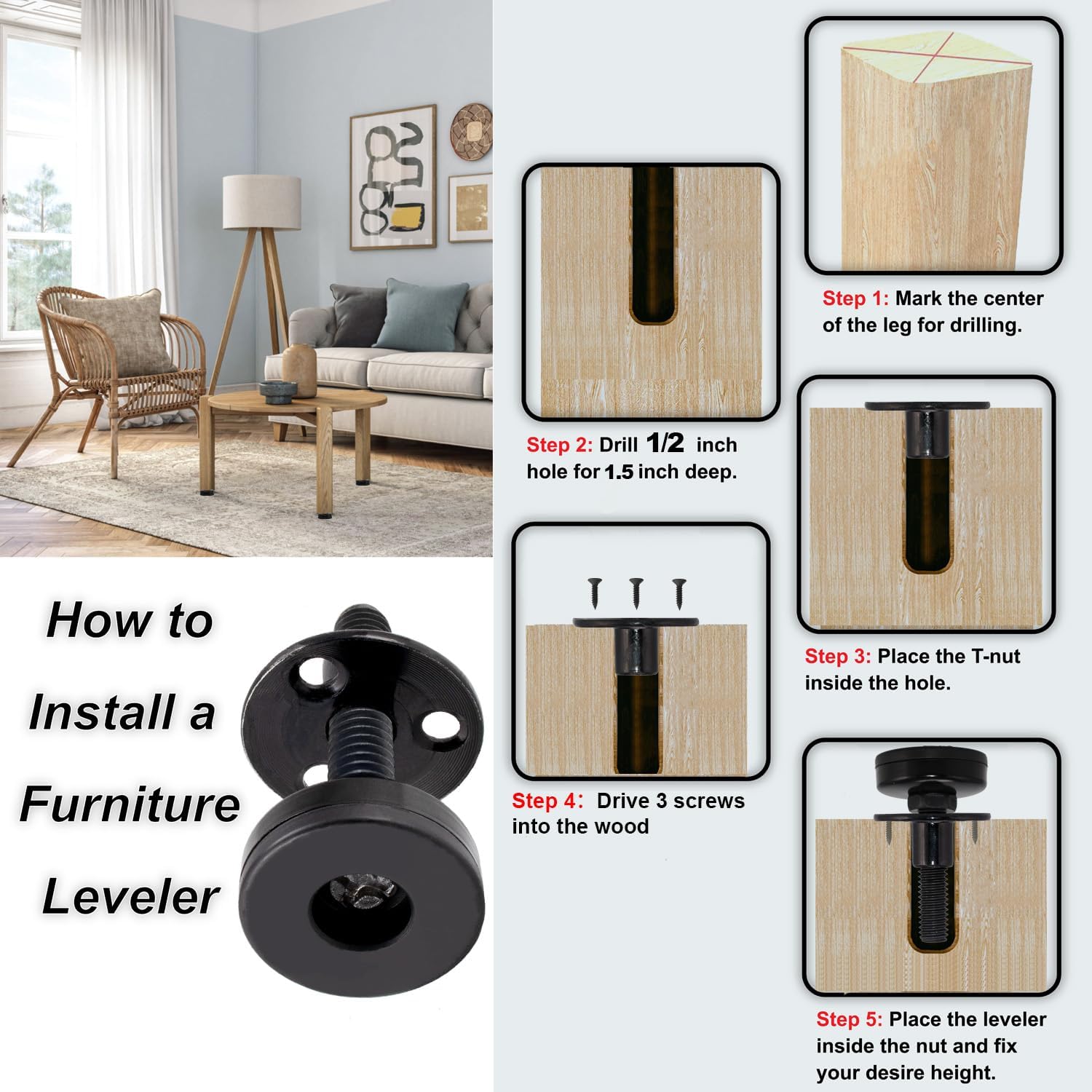 Furniture Leveling Feet Heavy Duty, Adjustable Furniture Feet Levelers Screw on Heavy Duty Desk/Chair/Cabinet/Dresser/Bench Leg Leveler, Round T-Nut Kit 3/8”-16 Thread (8 Pack, Black)