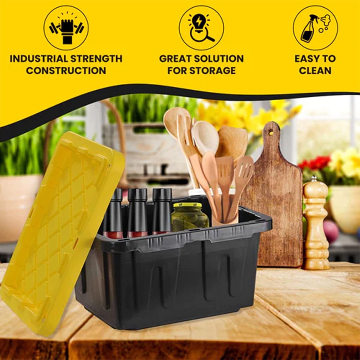 Juggernaut Storage 4 Pack Plastic Tote with Lid for Organization, 5 Gallon, Black/Yellow