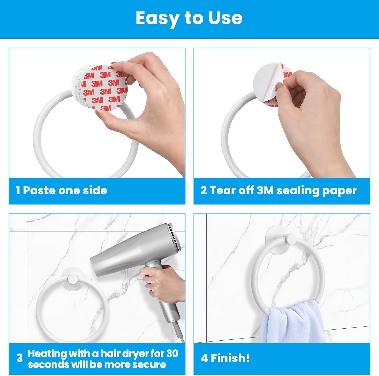 Daily Treasures Matte White Upgrade Aluminum Stainless Towel Ring Holder - 2Pack Adhesive Hand Towel Ring - Bath Towel Rings for Bathroom Wall Organizer Kitchen Storage